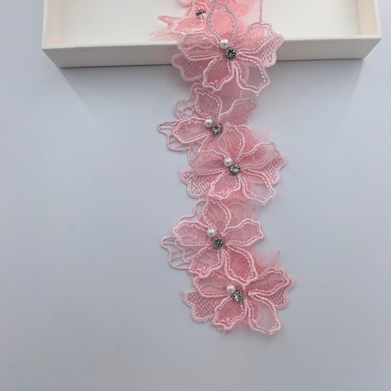 Buysk 2 Yards 3D Pearl Beads Flower Lace Trim Ribbon Floral Applique Embroidered Lace Fabric for Sewing DIY Crafts (Pink) - Image 1